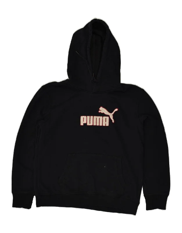 PUMA Womens Graphic Hoodie Jumper UK 14 Large Black Cotton Hoodie with Thumb Holes Functional Cozy