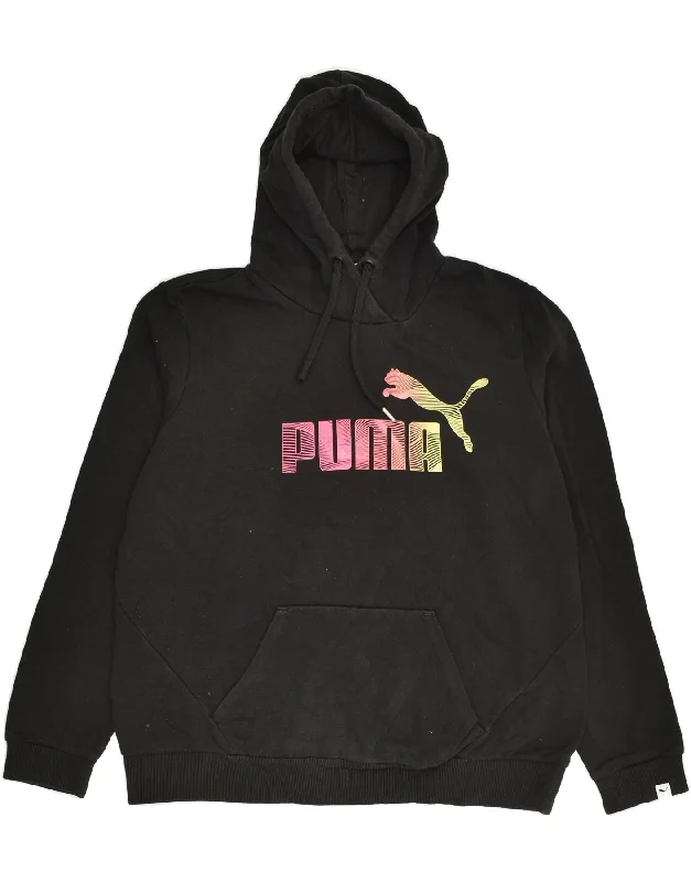 PUMA Womens Graphic Hoodie Jumper UK 16 Large Black Cotton Hoodie with Hem Embroidery Detailed Premium