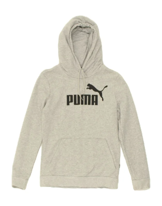 PUMA Womens Graphic Hoodie Jumper UK 4 XS Grey Cotton Hoodie with Puffed Sleeves Voluminous Trendy