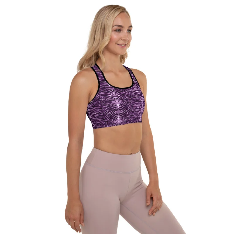 Purple Tiger Padded Sports Bra, Pink Animal Print Women's Padded Bra-Made in USA/EU/MX Wireless Push-Up Bra