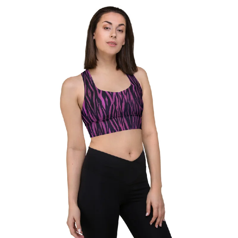 Purple Tiger Striped Sports Bra, Longline Gym Exercise Padded Sports Bra For Women-Made in USA/EU/MX High Support Sports Bra