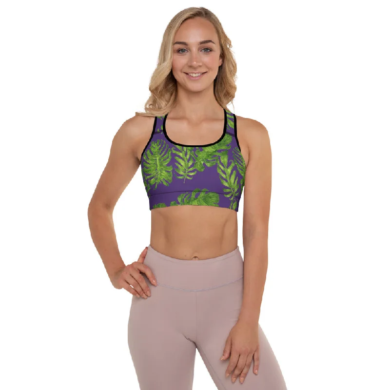 Purple Tropical Padded Sports Bra, Hawaiian Style Leaves Print Workout Bra-Made in USA/EU/MX Daily Comfort Bra