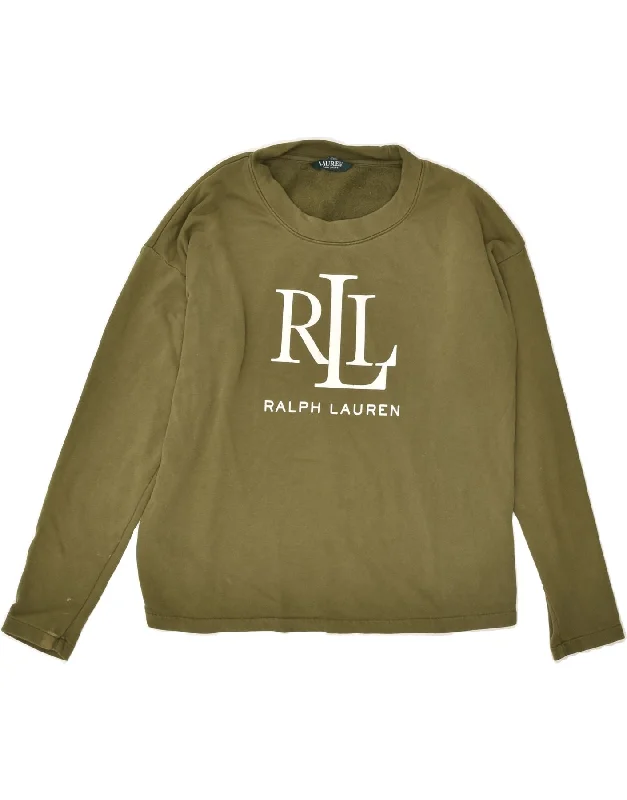 RALPH LAUREN Womens Graphic Sweatshirt Jumper UK 10 Small Green Cotton Hoodie with Back Slit Movement Comfort