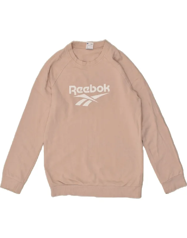 REEBOK Womens Graphic Sweatshirt Jumper UK 14 Medium Beige Cotton Zip Hoodie Drawstring Kangaroo Pocket