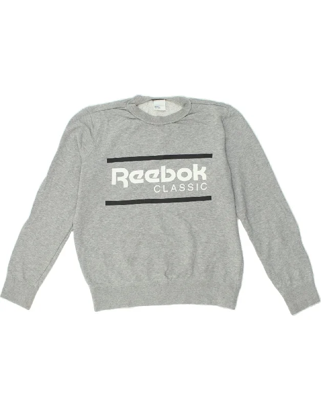 REEBOK Womens Graphic Sweatshirt Jumper UK 14 Medium Grey Cotton Hoodie with Hem Frayed Vintage Worn