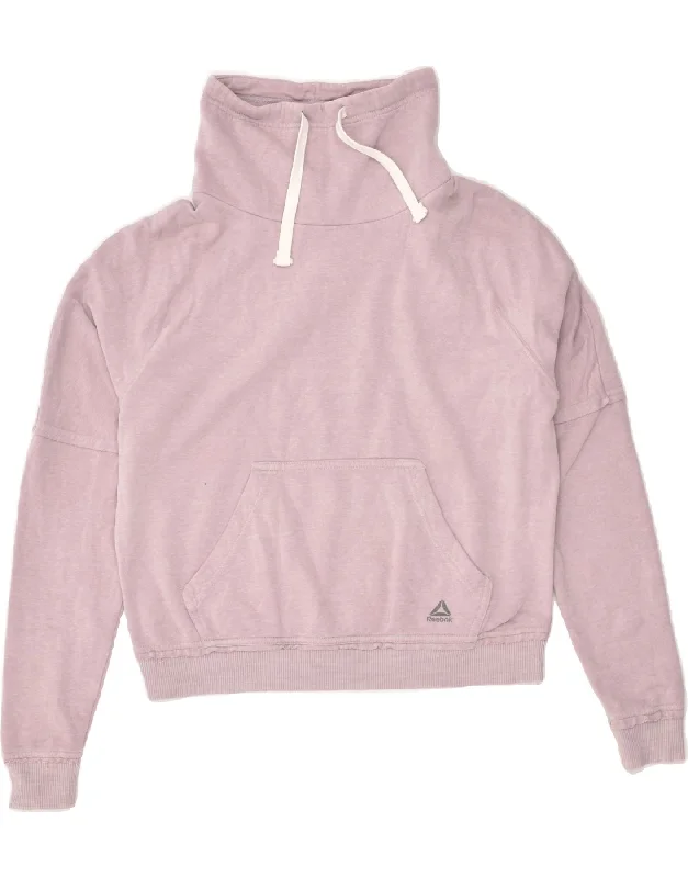 REEBOK Womens Roll Neck Sweatshirt Jumper UK 10 Small Pink Cotton Hoodie with Zipper Versatile Modern