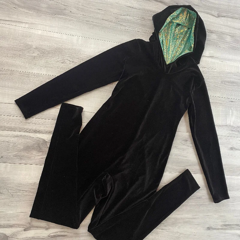 SALE - Hooded Catsuit in Black Velvet and Jade Shattered Glass Hoodie with Lining Warm Insulated