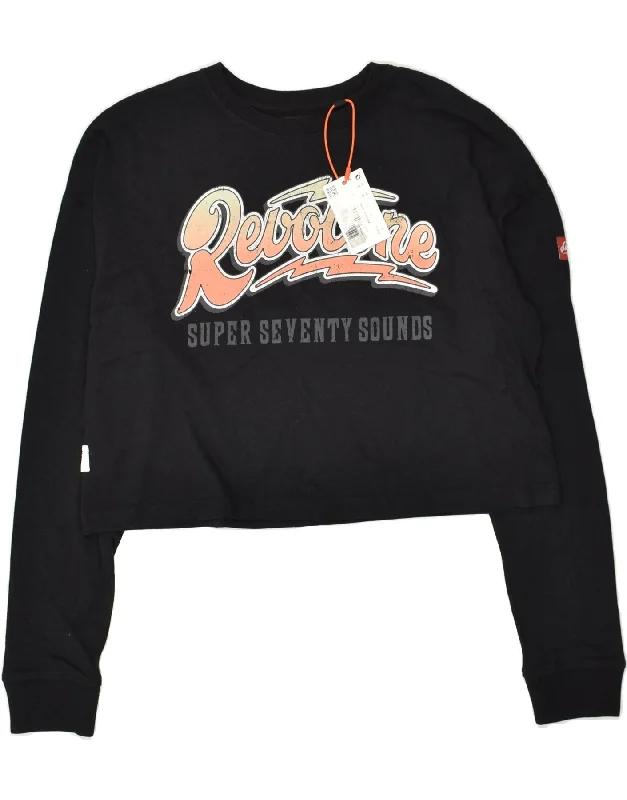 SUPERDRY Womens Crop Graphic Sweatshirt Jumper UK 10 Small Black Cotton Hoodie with Magnetic Closure Innovative Modern