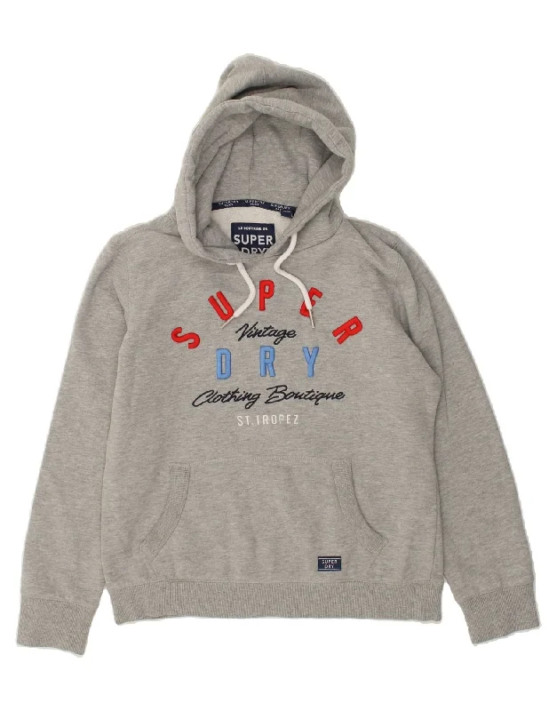 SUPERDRY Womens Graphic Hoodie Jumper UK 14 Large  Grey Cotton Hoodie with Cuffed Sleeves Snug Secure