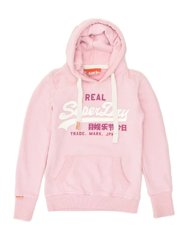 SUPERDRY Womens Graphic Hoodie Jumper UK 2 2XS Pink Cotton Hoodie with Hem Applique Textured Unique