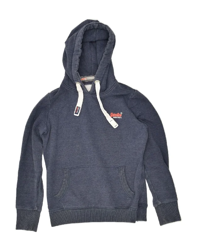 SUPERDRY Womens Hoodie Jumper UK 14 Medium Navy Blue Cotton Hoodie with Toggle Buttons Decorative Unique