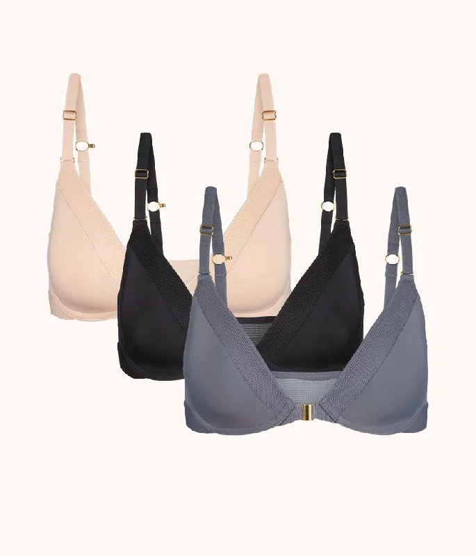 The Front Close No-Wire Bra Trio: Jet Black/Toasted Almond/Smoke High Support Sports Bra