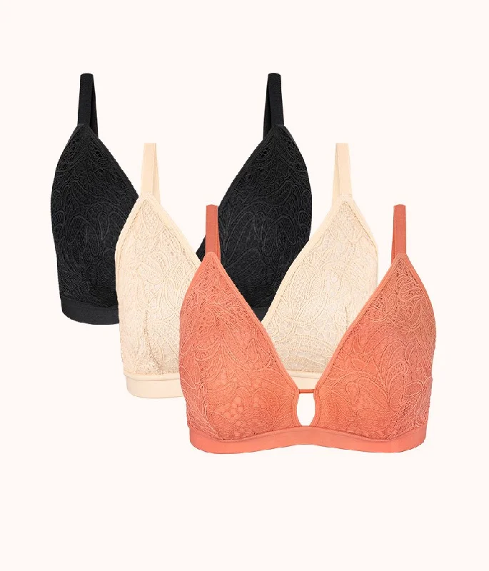 The Palm Lace Busty Bra Trio: Terracotta/Jet Black/Toasted Almond Active Support Bra