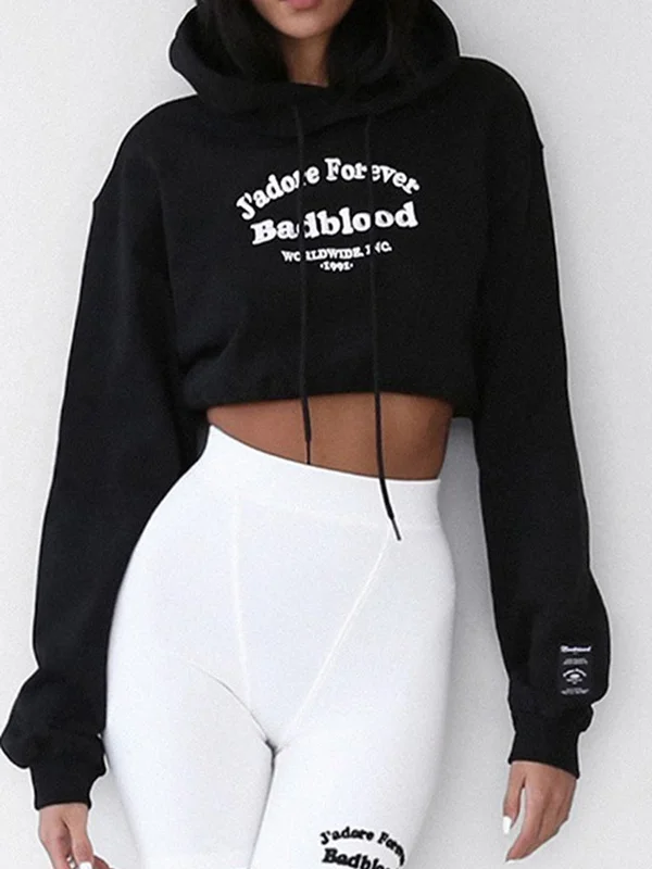 ZASUWA Female Drawstring Cropped Hoodies Hoodie with Frayed Bohemian Relaxed