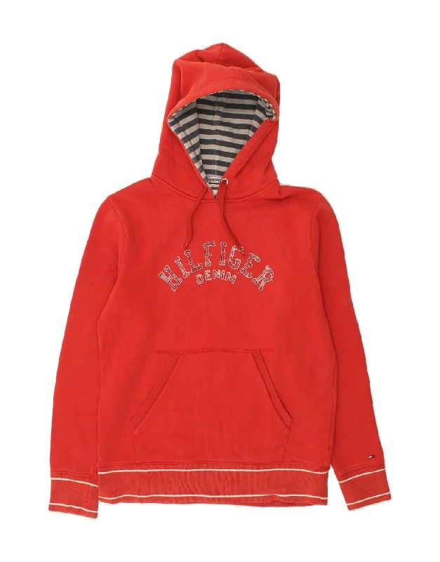 TOMMY HILFIGER Womens Graphic Hoodie Jumper Medium Red Cotton Hoodie with Drawcord Adjustable Secure