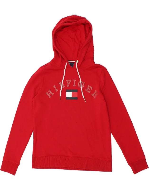 TOMMY HILFIGER Womens Graphic Hoodie Jumper UK 6 XS Red Cotton Hoodie Fleece Lining Warmth