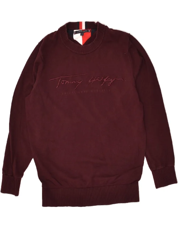 TOMMY HILFIGER Womens Graphic Sweatshirt Jumper UK 10 Small Burgundy Hoodie with Lace Feminine Delicate