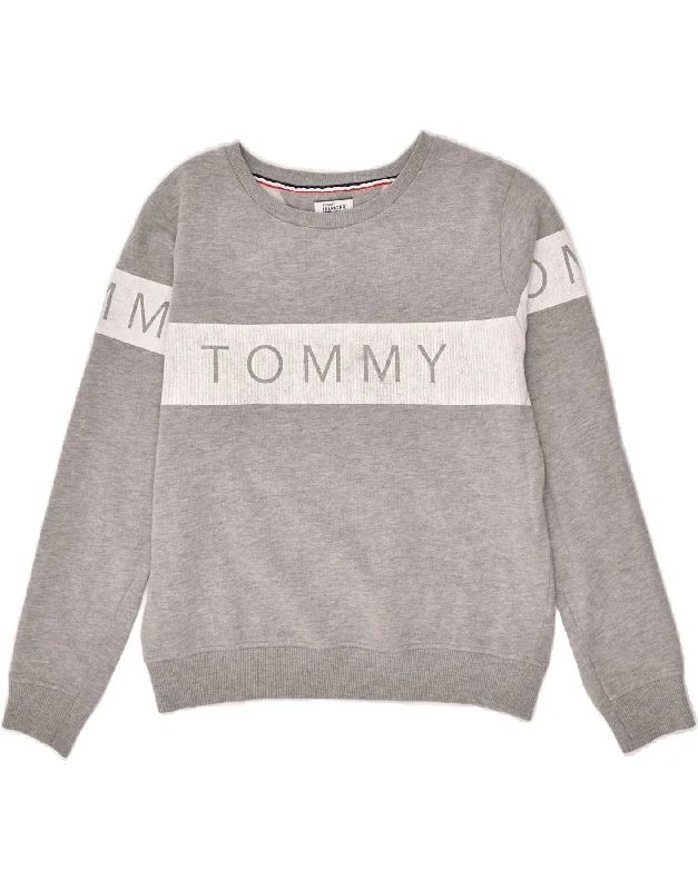 TOMMY HILFIGER Womens Graphic Sweatshirt Jumper UK 14 Medium Grey Hoodie with Hem Patch Decorative Personalized