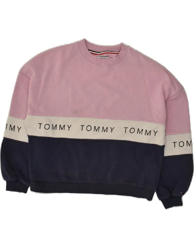 TOMMY HILFIGER Womens Oversized Graphic Sweatshirt Jumper UK 10 Small Pink Hoodie Crop Top Short Trendy