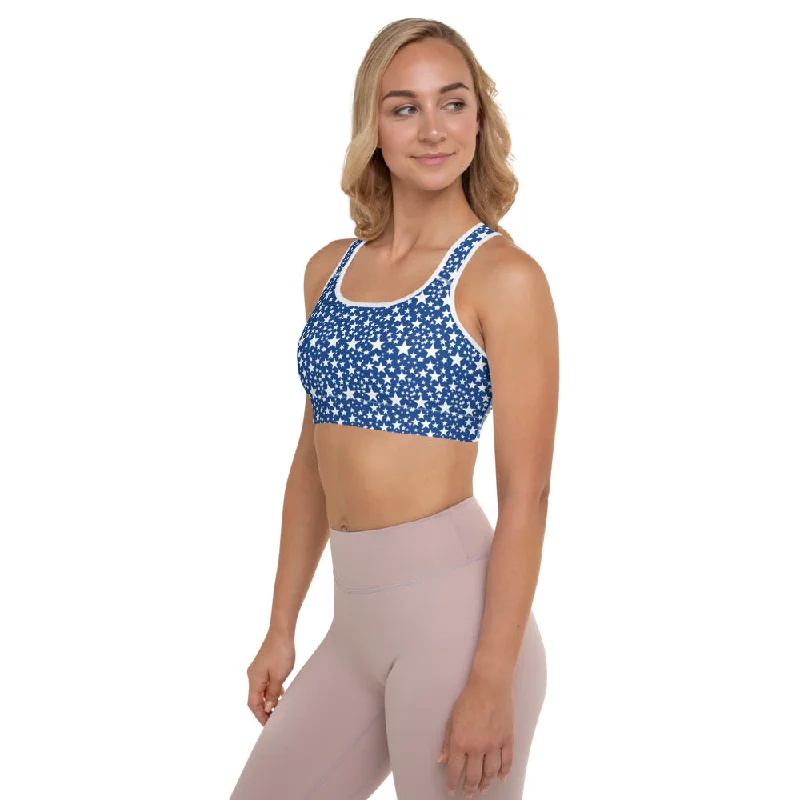 White Blue Starry Padded Bra, Designer Star Pattern Best Women's Sports Bra-Made in USA/EU/MX Lightweight Cotton Bra