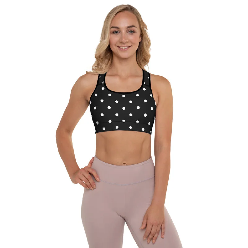 White Dots Padded Sports Bra, Black White Polka Dots Pattern Classic Fitness Gym Bra-Made in USA/EU High-Cut Bra Design