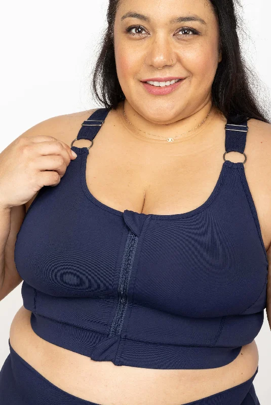 Zip Front Sports Bra - Navy Breathable Wireless Bra