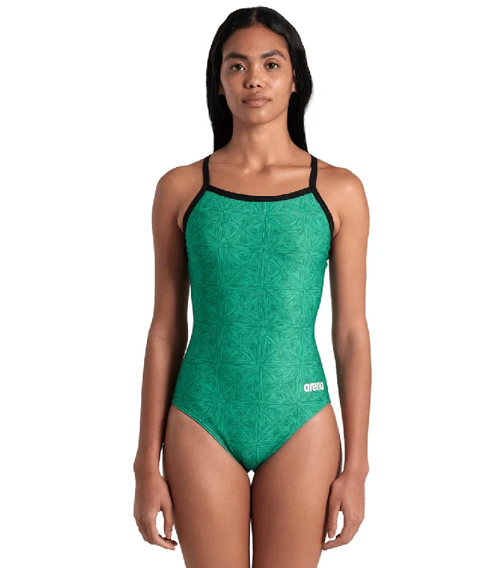 Arena Women's Abstract Tiles Lightdrop Back One Piece Swimsuit Black/Team Green Sporty Swim Shorts