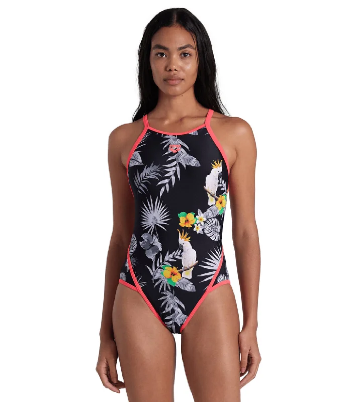 Arena Women's Tropical Summer Fast Back One Piece Swimsuit Black Multi/Fluo Red Tropical Print One-Piece