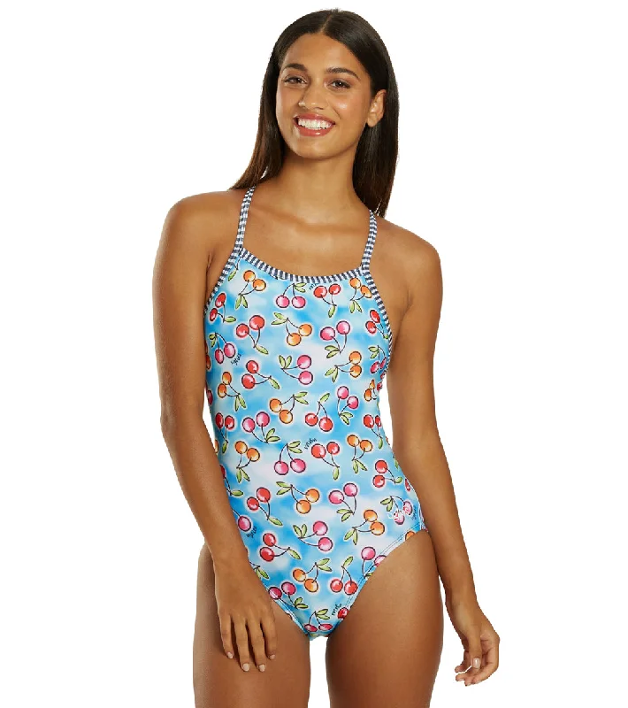 Dolfin Women's V-2 Back One Piece Swimsuit Wild Cherry Mesh Panel Swimwear