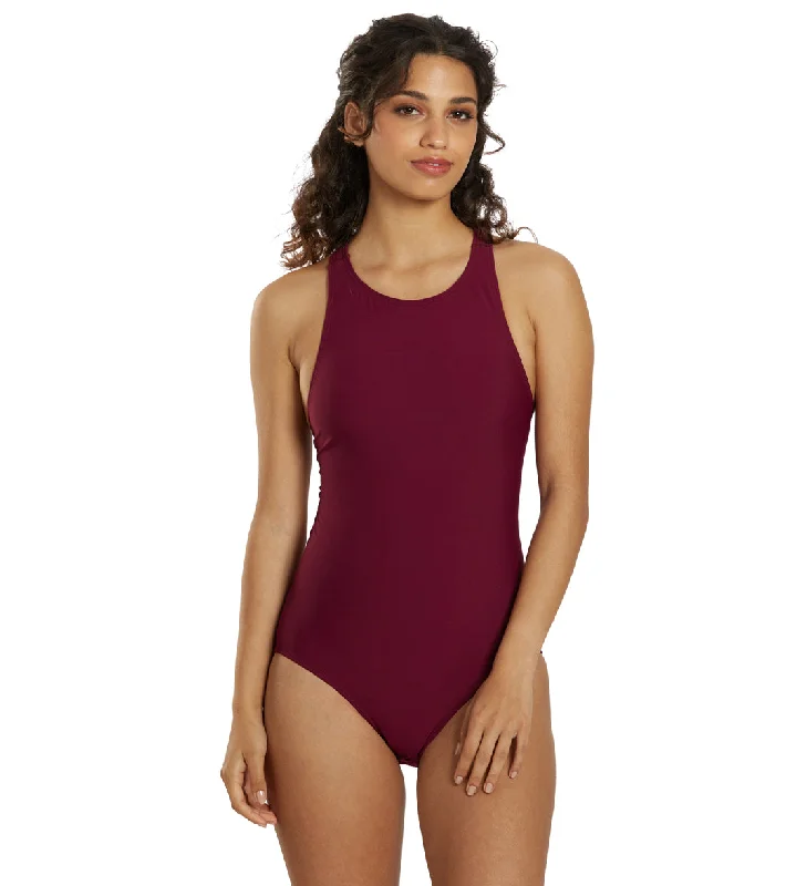 FINIS Women's Bladeback Solid One Piece Swimsuit Cabernet V-Neck Swim Dress