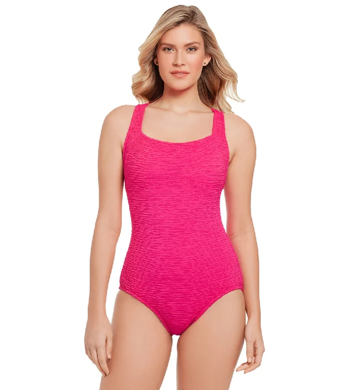 Penbrooke Krinkle Chlorine Resistant Active Back One Piece Swimsuit Rose Bold Color Swimsuit