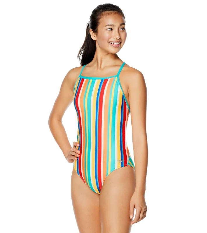 Speedo Vibe Women's The One Printed One Piece Swimsuit Clean Stripe Chic Beach Cover-Up