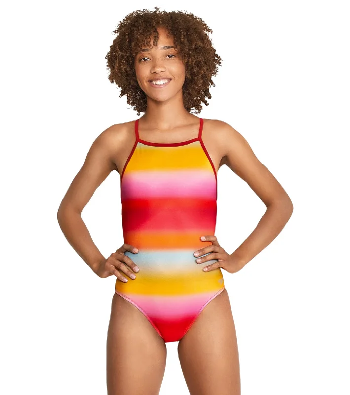 Speedo Vibe Women's The One Printed One Piece Swimsuit Sunset Ombre Sexy Swimwear Set