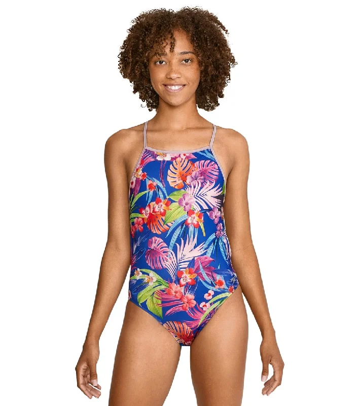 Speedo Vibe Women's The One Printed One Piece Swimsuit Tropical Trance Elegant Swim Dress