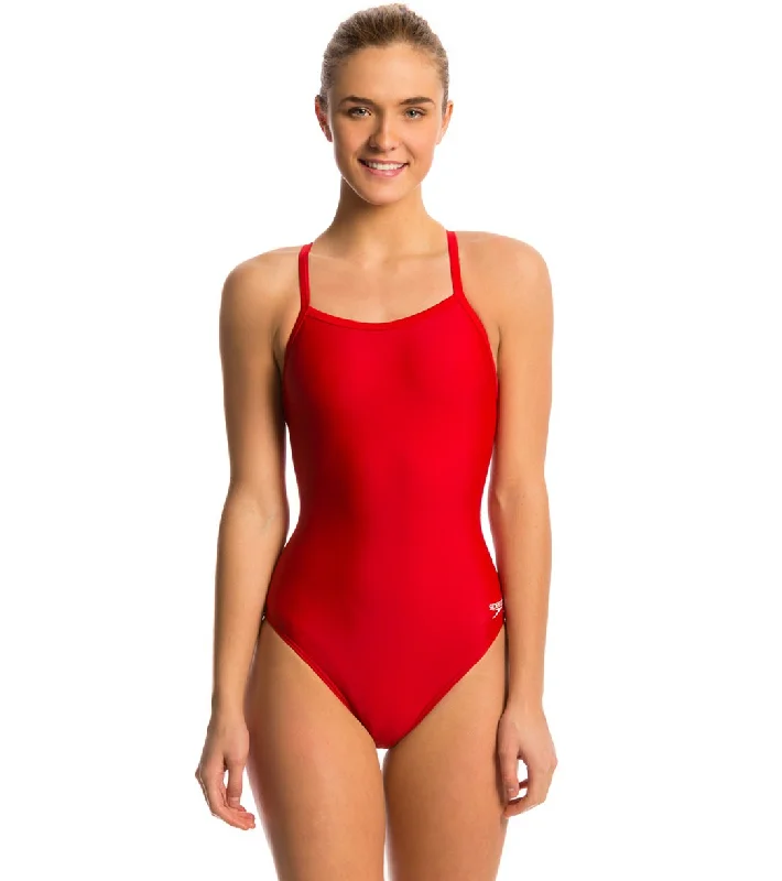 Speedo Women's PowerFLEX Eco Solid Flyback One Piece Swimsuit True Red V-Neck Swim Dress