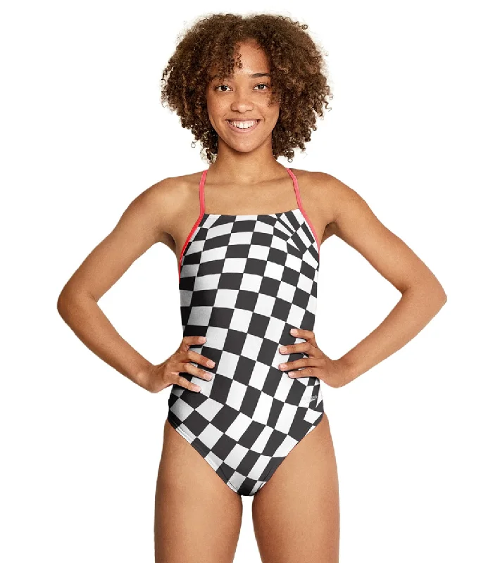 Speedo Women's Printed Tie Back One Piece Swimsuit Distorted Checker Lace Back Bikini