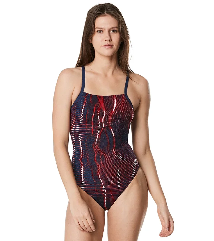 Speedo Women's Solar Boom Flyback One Piece Swimsuit Red/White/Blue Monokini Swimsuit Design