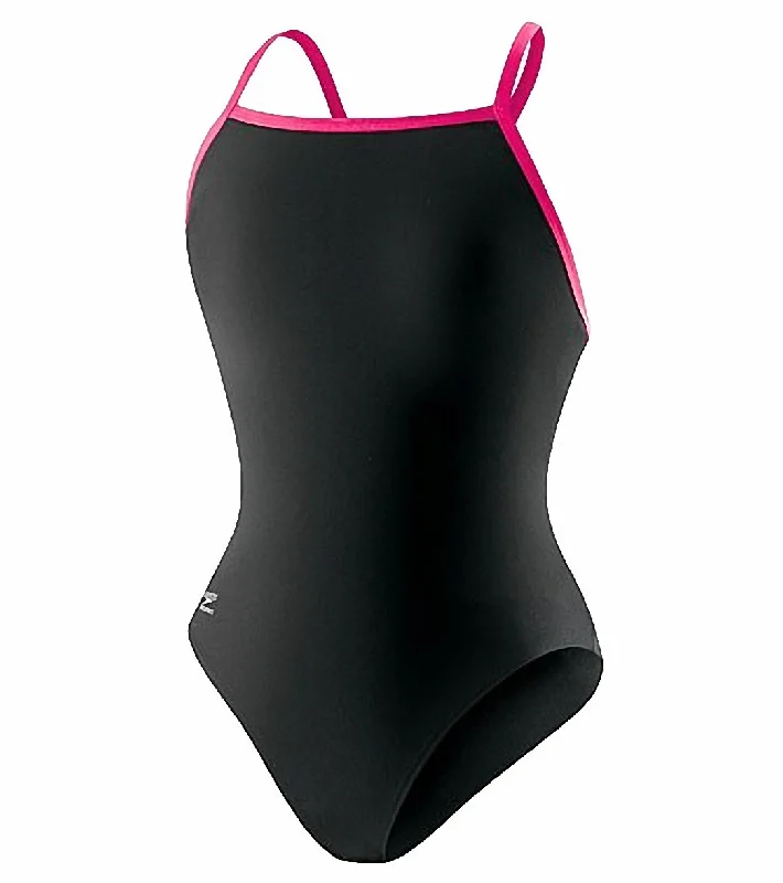 Speedo Women's Solid Endurance+ Flyback Training One Piece Swimsuit Black/Pink Halter Neck Swimsuit