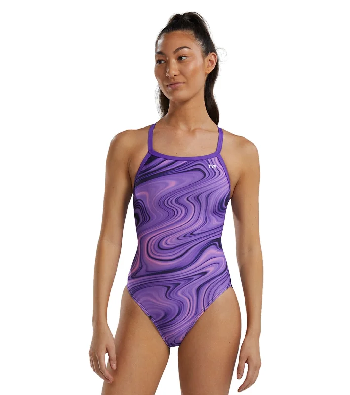 TYR Women's Vitality Durafast Elite Diamondfit One Piece Swimsuit Purple Tie-Back Swimwear