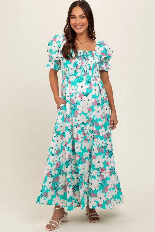 Aqua Floral Puff Sleeve Maternity Maxi Dress Casual Maxi Dress with Pockets