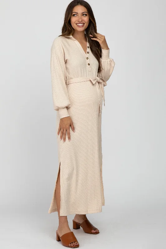 Beige Button Accent Collared Maternity Maxi Dress Trendy A-Line Maxi Dress