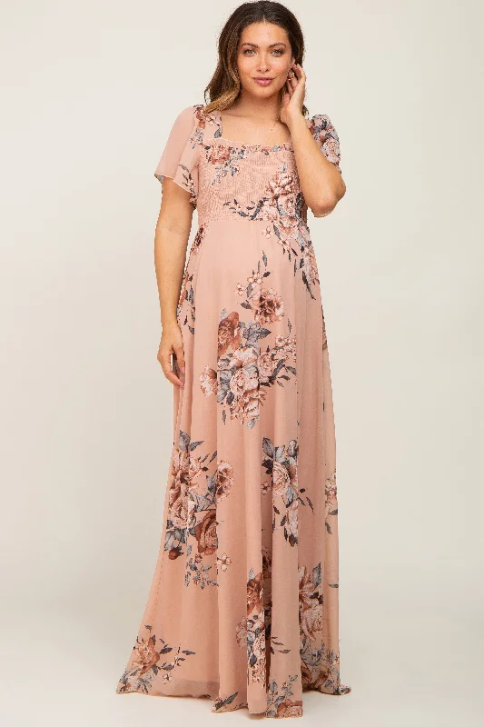 Beige Floral Chiffon Square Neck Smocked Short Sleeve Maternity Maxi Dress Comfortable Cotton Maxi Dress