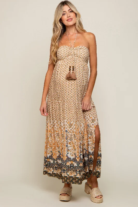 Beige Floral Paisley Halter Maternity Maxi Dress Elegant Maxi Dress with Pockets