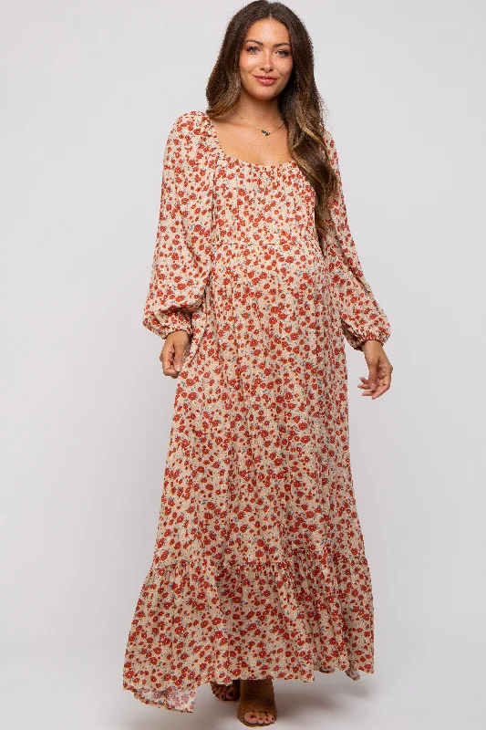 Beige Floral Square Neck Ruffle Maternity Maxi Dress Fashionable Maxi Dress with Fringe