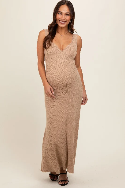 Beige Knit Deep V-Neck Maternity Maxi Dress Trendy Maxi Dress with Lace