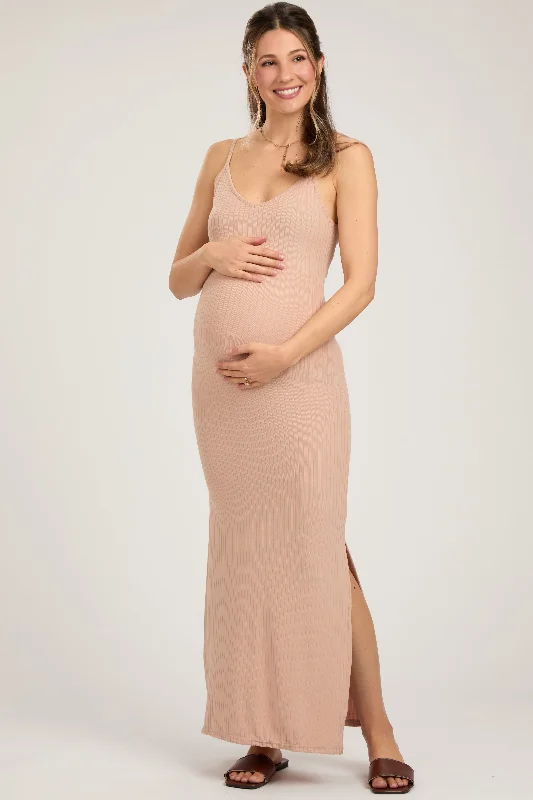 Beige Ribbed Side Slit Maternity Maxi Dress Comfortable Casual Maxi Dress