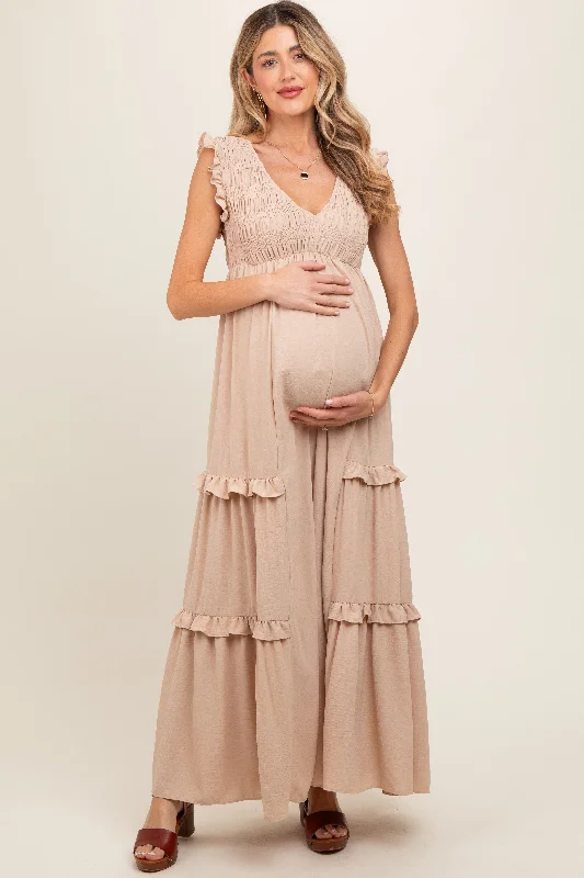 Beige Smocked Ruffle V-Neck Maternity Maxi Dress Classic Solid Maxi Dress