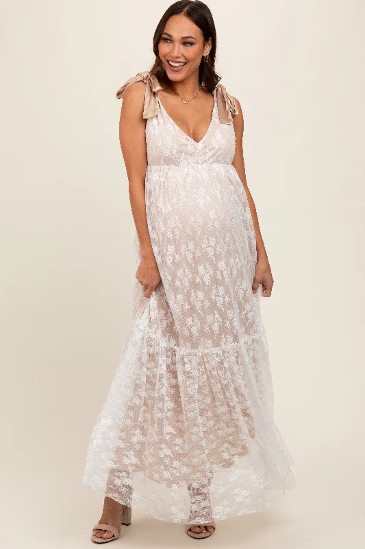 Beige V-Neck Satin Tie Lace Overlay Maternity Maxi Dress Fashionable Asymmetrical Maxi Dress