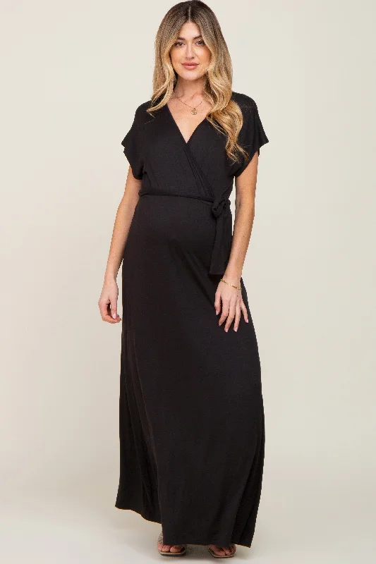 Black Basic Maternity Wrap Maxi Dress Cozy Ruffle Sleeve Maxi Dress