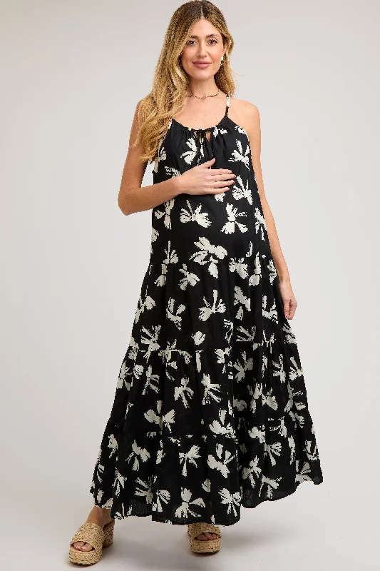 Black Bow Print Halter Front Tie Tiered Maternity Maxi Dress Stylish A-Line Maxi Dress